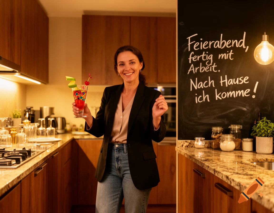 Smiling woman in blazer and jeans holds a colorful cocktail in a modern kitchen with a blackboard reading 'Feierabend, fertig mit Arbeit. Nach Hause ich komme!'