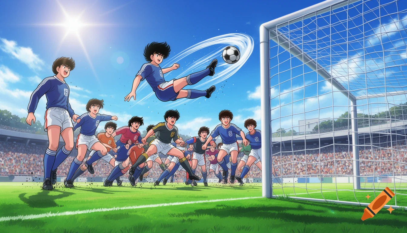 Anime-style soccer players in a stadium, one leaps to kick the ball towards the goal while others run, on a bright sunny day.