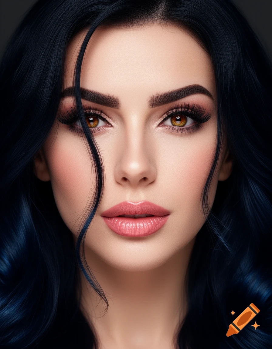 Close-up photorealistic portrait of a woman with dark, wavy hair, amber eyes, and pink lips, looking forward.