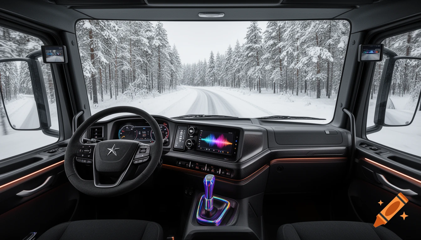 Photorealistic interior view of a modern truck cockpit with iridescent gear shift, digital displays, driving on a snowy road through a pine forest.