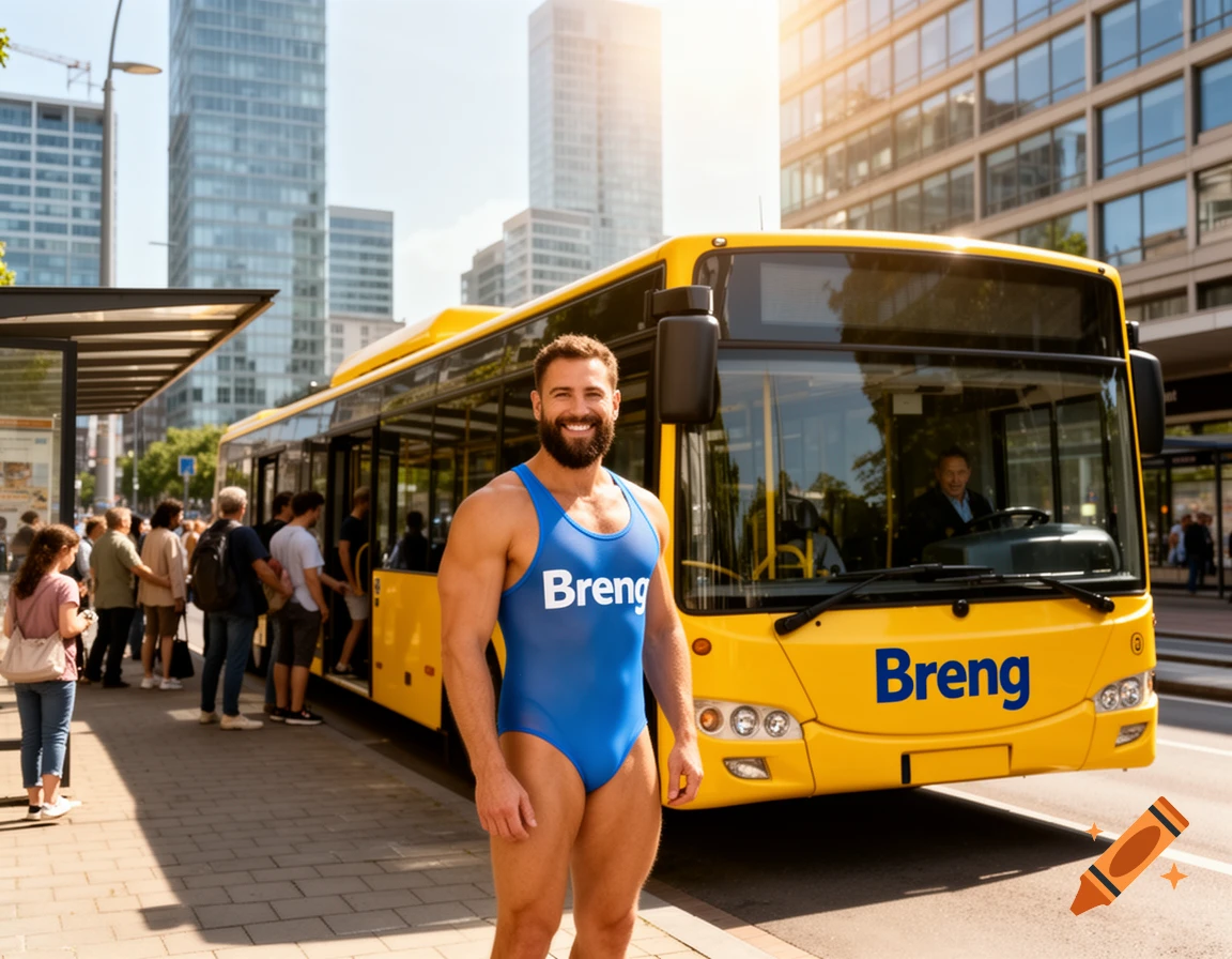 A smiling man wearing a blue Breng mankini stands on a city sidewalk next to a yellow Breng bus with people boarding.