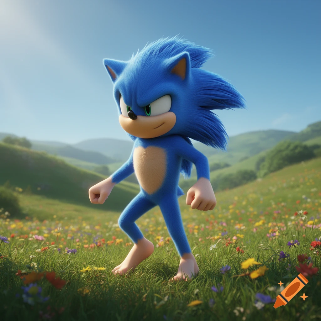 3D rendered Sonic the Hedgehog with realistic fur, walking barefoot in a lush field of wildflowers under a clear blue sky.