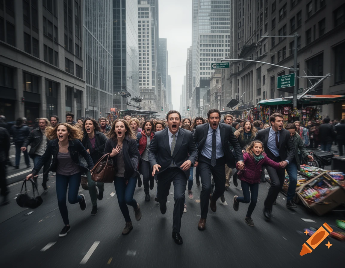 A terrified crowd of people, including men in suits and a young girl, run screaming down a city street lined with tall buildings, suggesting an attack or emergency.