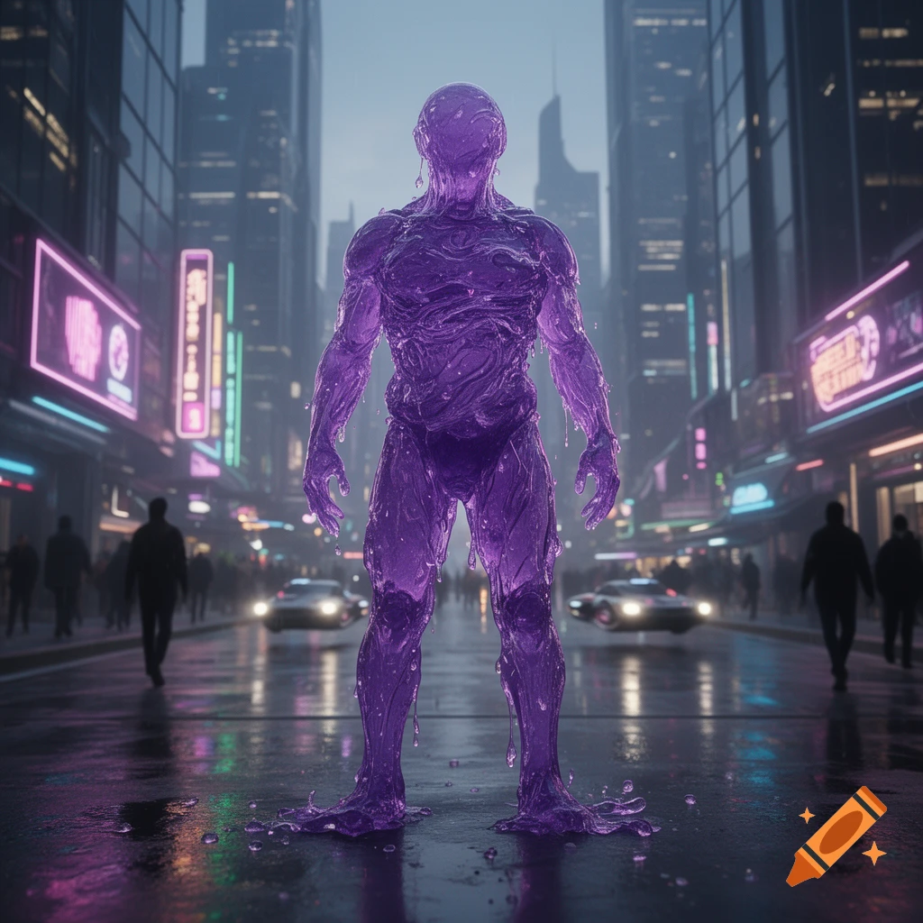A glowing purple slime humanoid stands on a wet street in a futuristic city at night, surrounded by neon signs and blurred figures.