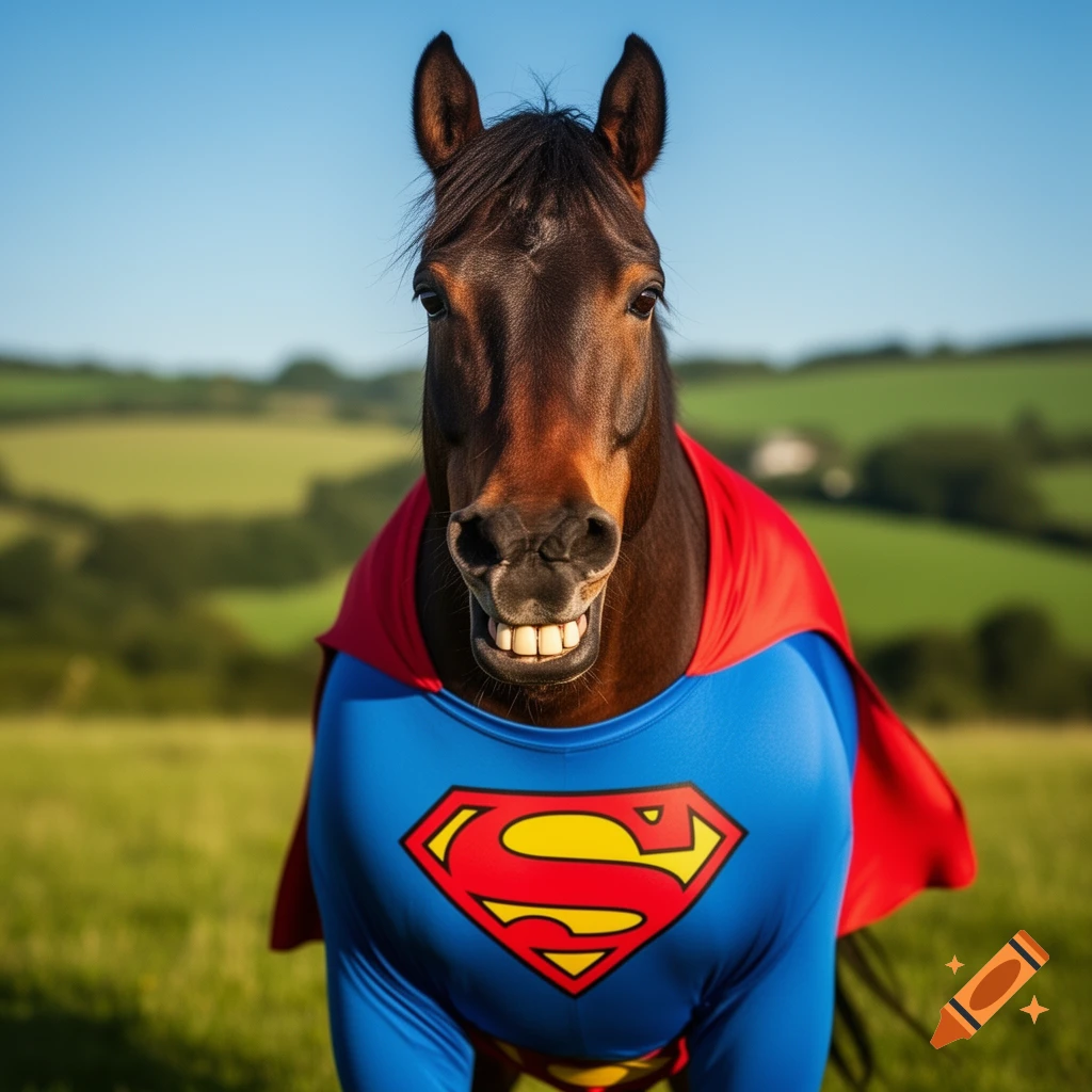 A brown horse with prominent teeth wears a blue Superman costume with a red cape and "S" emblem, looking directly at the camera in a grassy field.