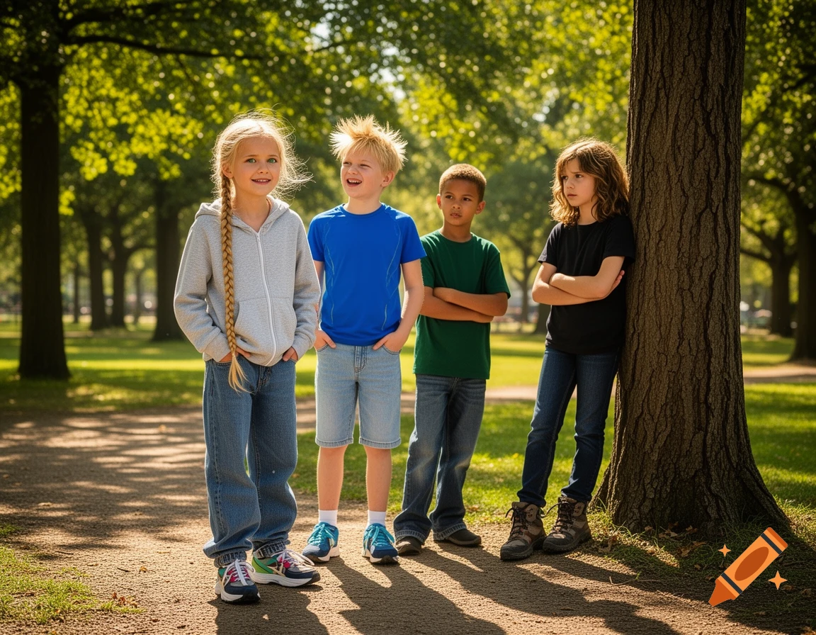 Four children stand smiling on a sunny park path next to a tree.