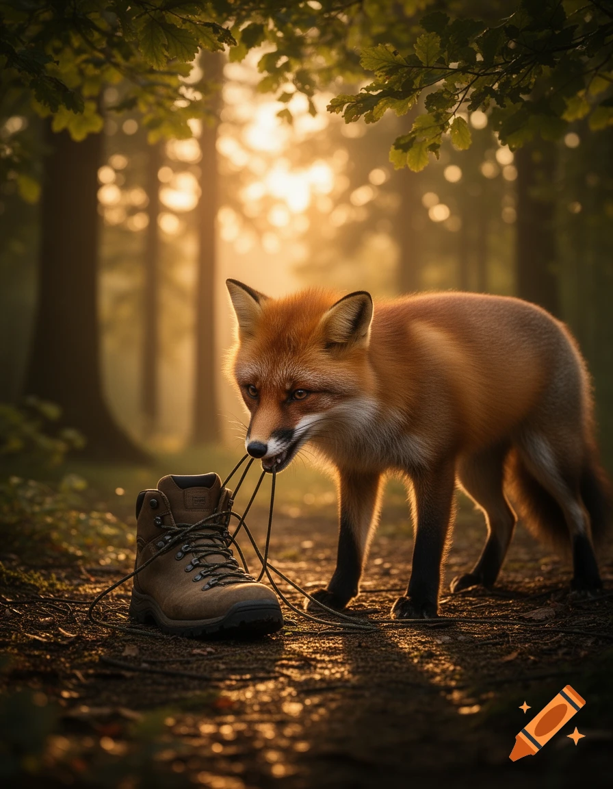 A photorealistic red fox playfully tugs on the laces of a brown hiking boot in a sunlit forest.