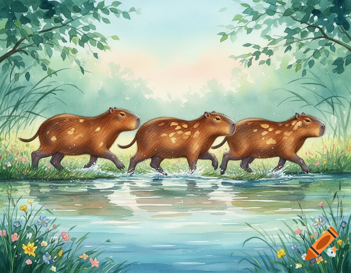 A watercolor painting depicts three brown capybaras walking side by side through shallow water in a lush, green natural setting.