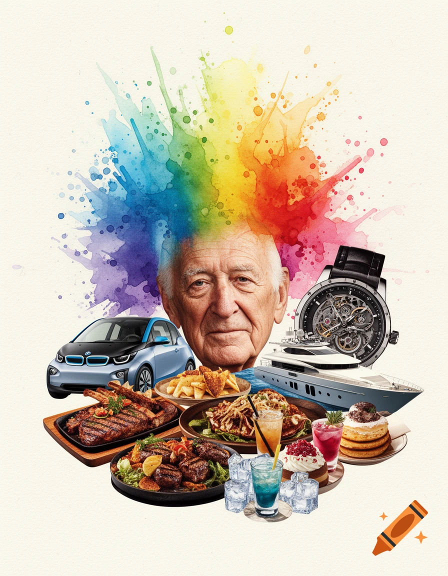 A surreal collage features an elderly man's face with rainbow watercolor splatters, surrounded by luxury items like a car, yacht, watch, and various foods and drinks.