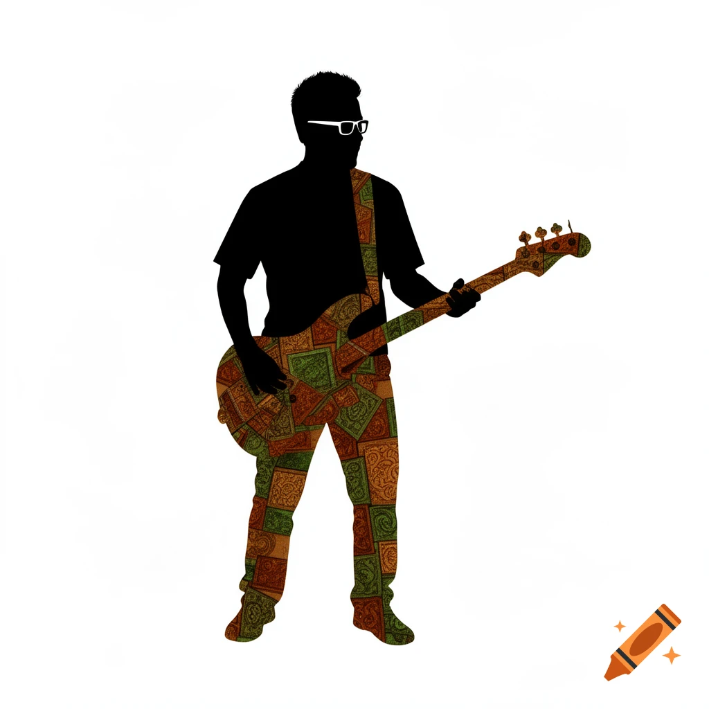 A black silhouette of a man wearing white glasses, playing a bass guitar, filled with earth-tone patterns on a white background.
