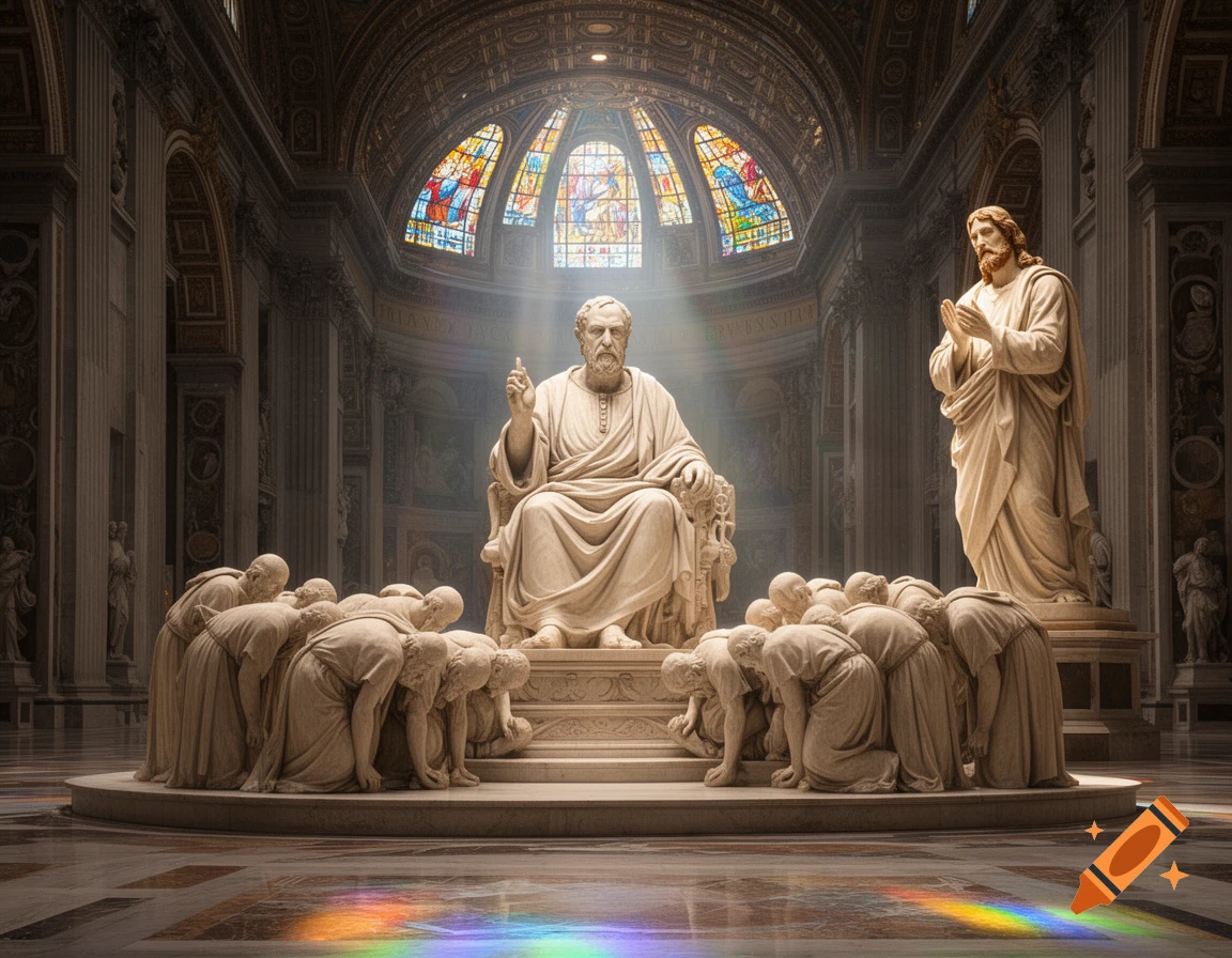 An ancient-style marble statue of an old man seated, teaching a group of bowing figures, with a statue of Jesus standing nearby in a grand church with stained glass windows.