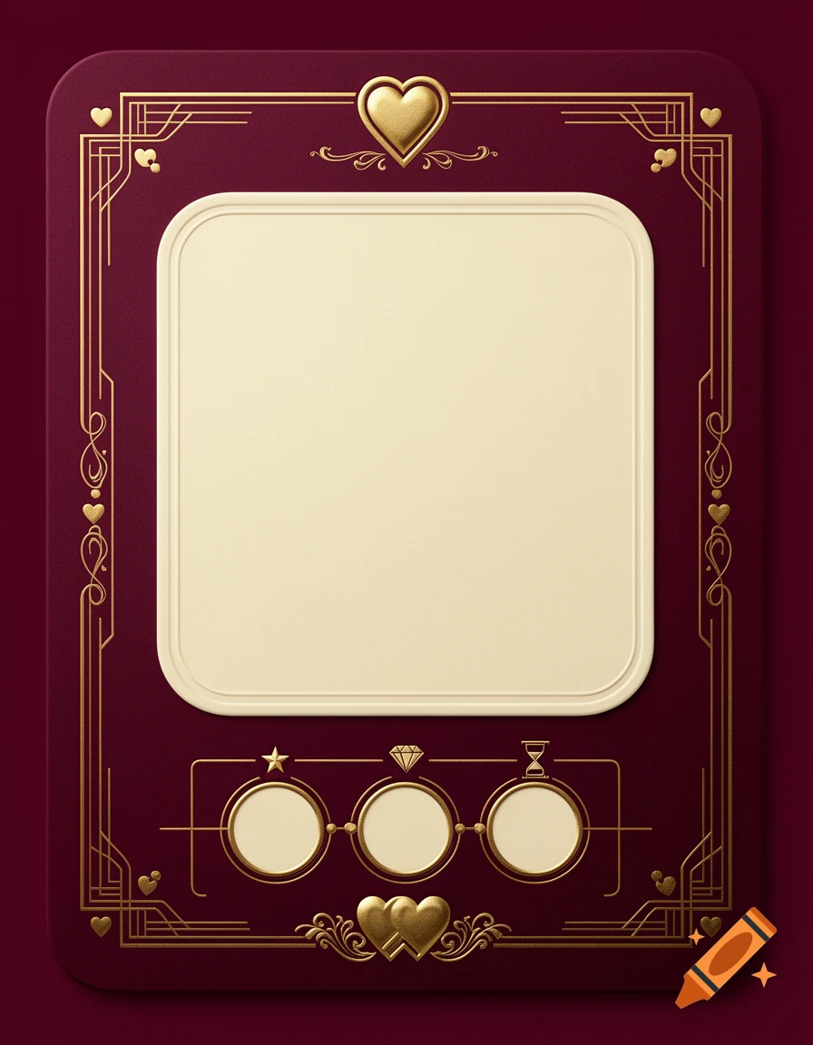 Luxury romantic card template with deep burgundy, gold Art Deco filigree, hearts, and three medallions with star, diamond, hourglass icons.