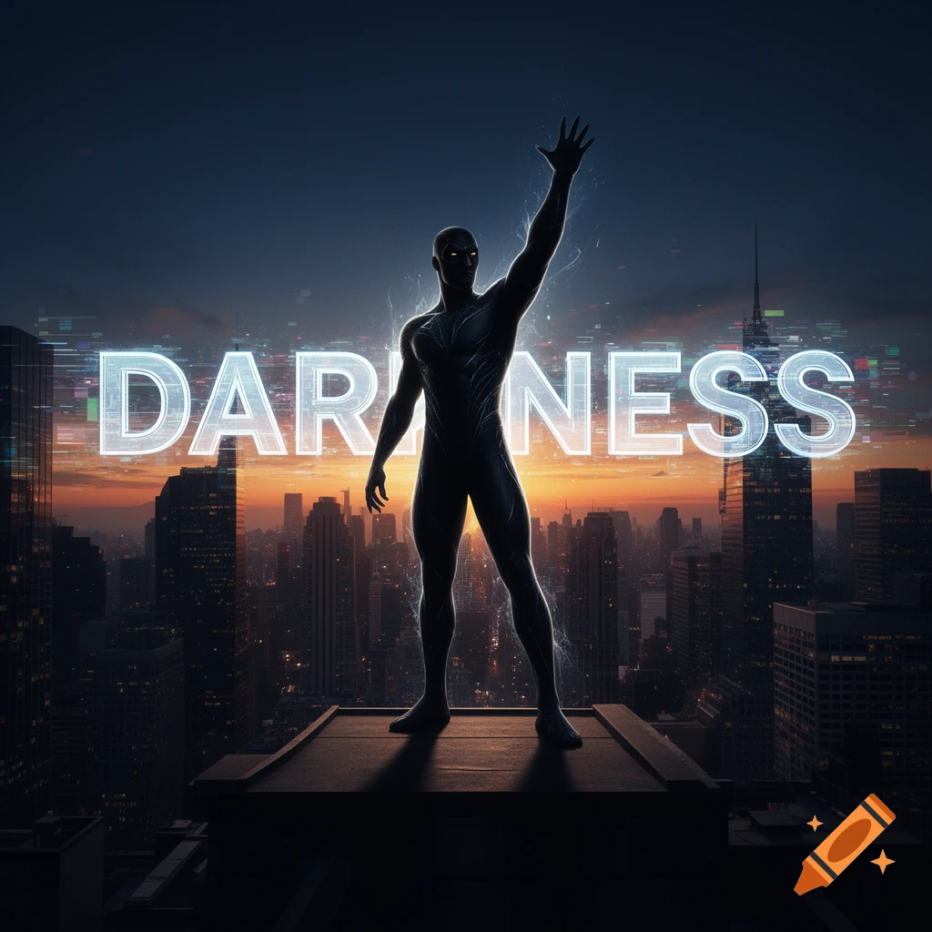 A dark, muscular superhero stands on a rooftop against a cityscape at sunset, with the glowing word 'DARKNESS' behind him.