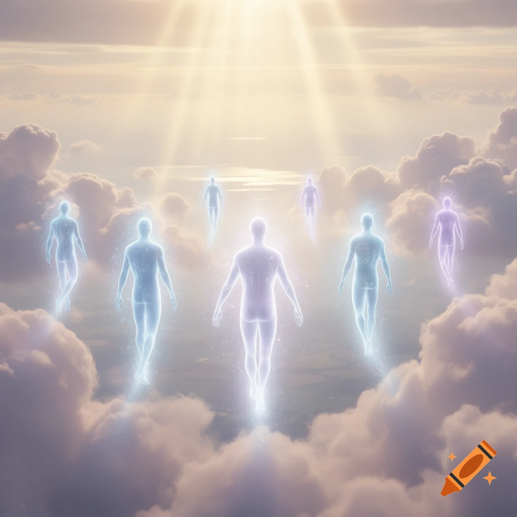 Ethereal, glowing human-shaped figures (souls) float upwards through sunlit clouds in a bright sky.