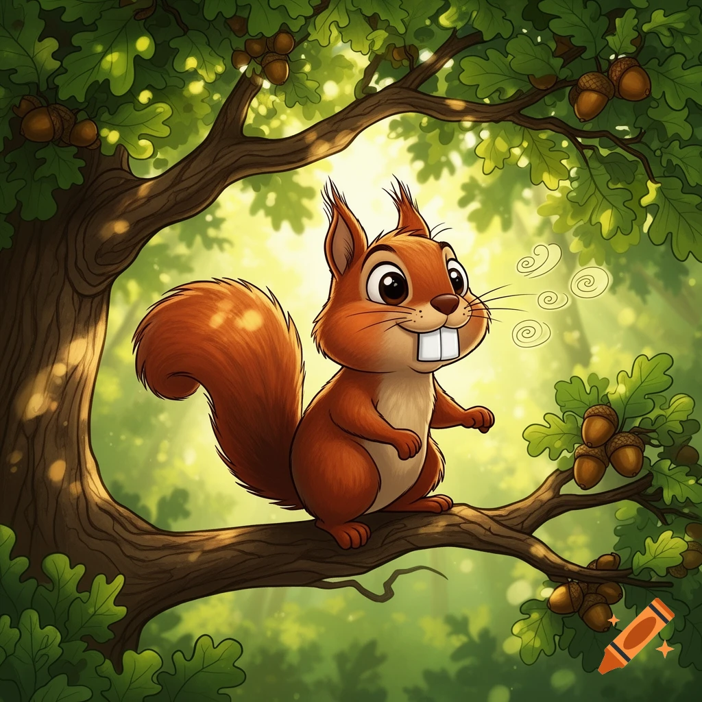 A happy cartoon squirrel with oversized buck teeth sits on a tree branch among green leaves and acorns.