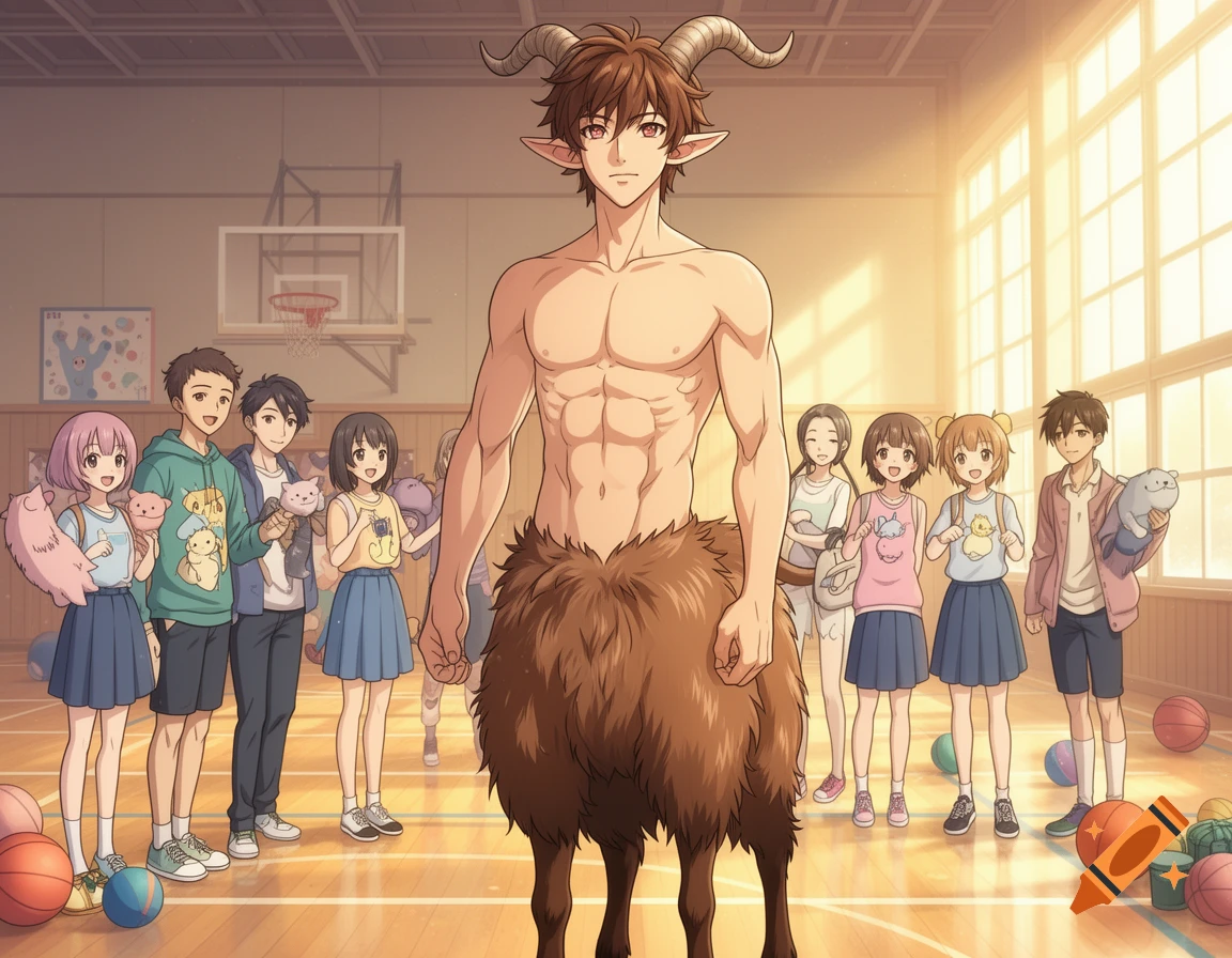 An anime male satyr with abs and fur-covered goat legs stands in a sunny school gym, surrounded by anime teenagers holding plush toys.