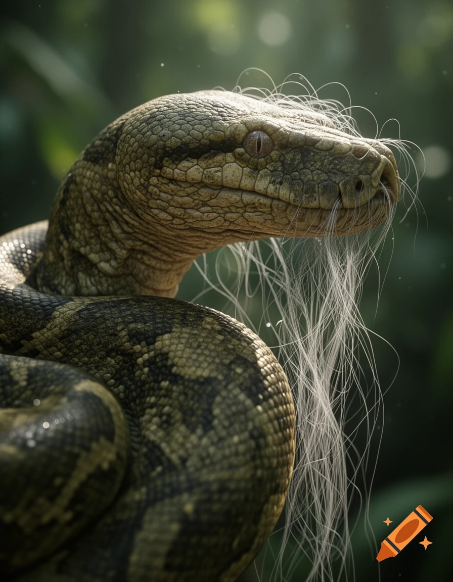 Close-up of a majestic boa constrictor with white facial hair and textured scales, in a lush green environment.
