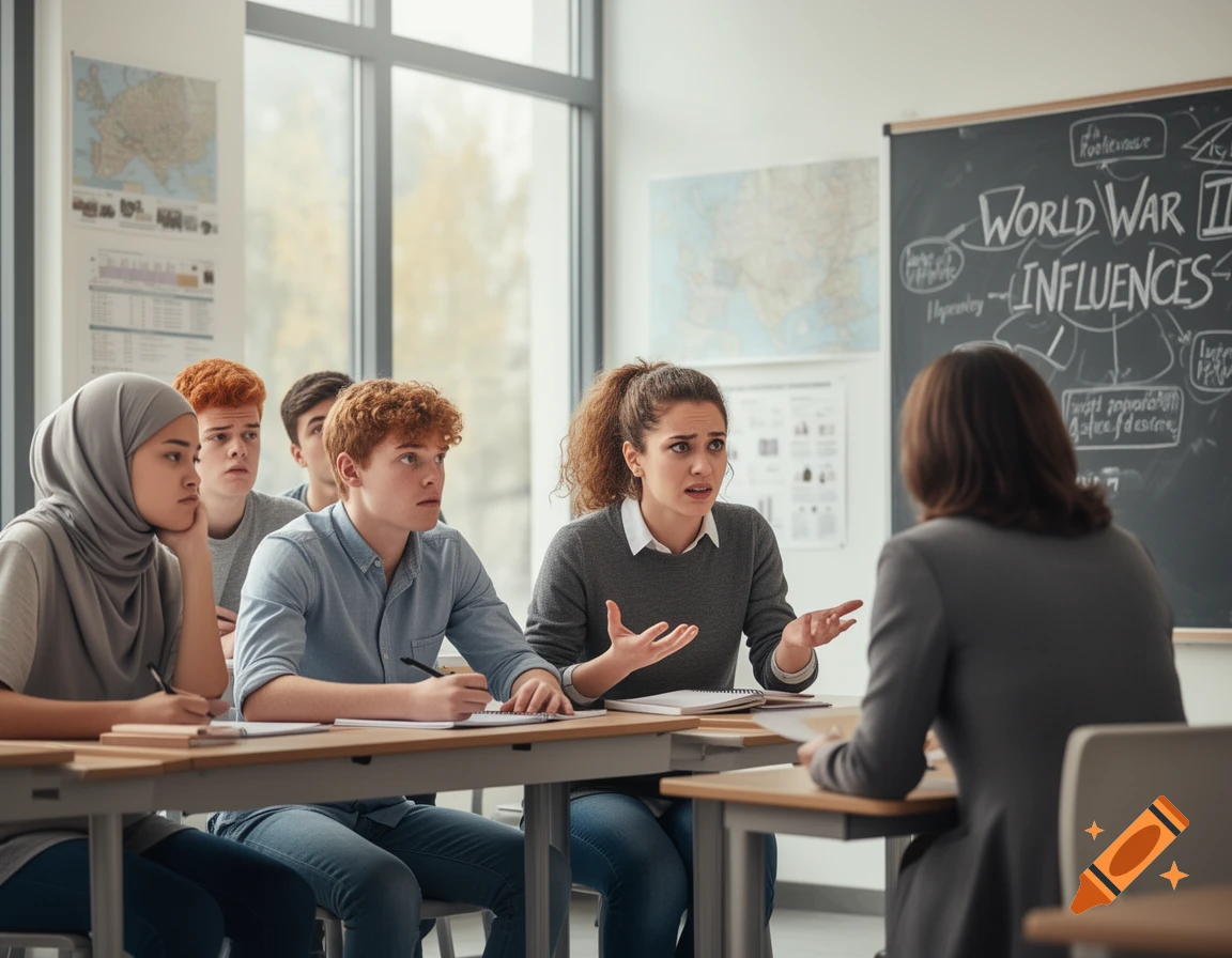 Students in a classroom, one with a hijab and others with red hair, look confused while one student gestures and speaks to a teacher during a history lesson.