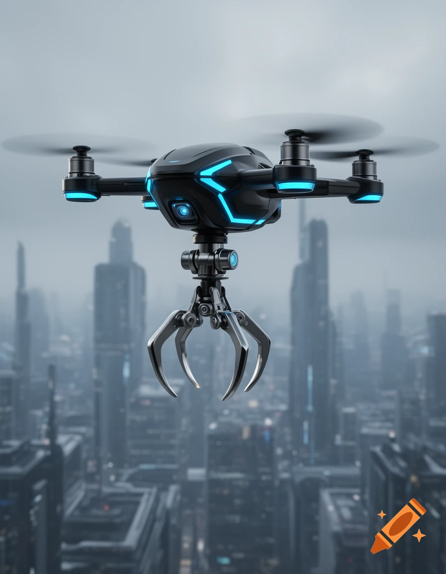 A futuristic black drone with glowing blue accents and a metallic claw hovers above a hazy, dense cityscape.