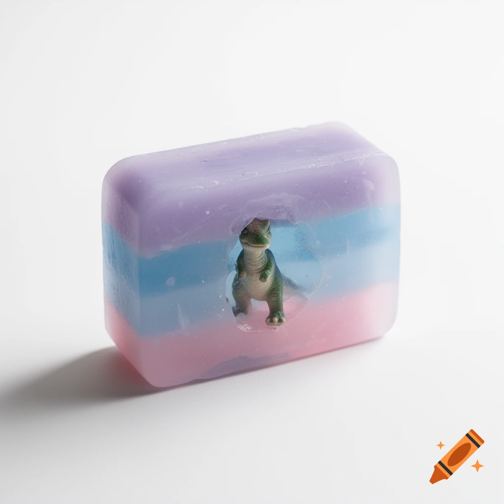 A multi-layered soap bar in purple, blue, and pink with a small green dinosaur toy encased inside, on a white background.