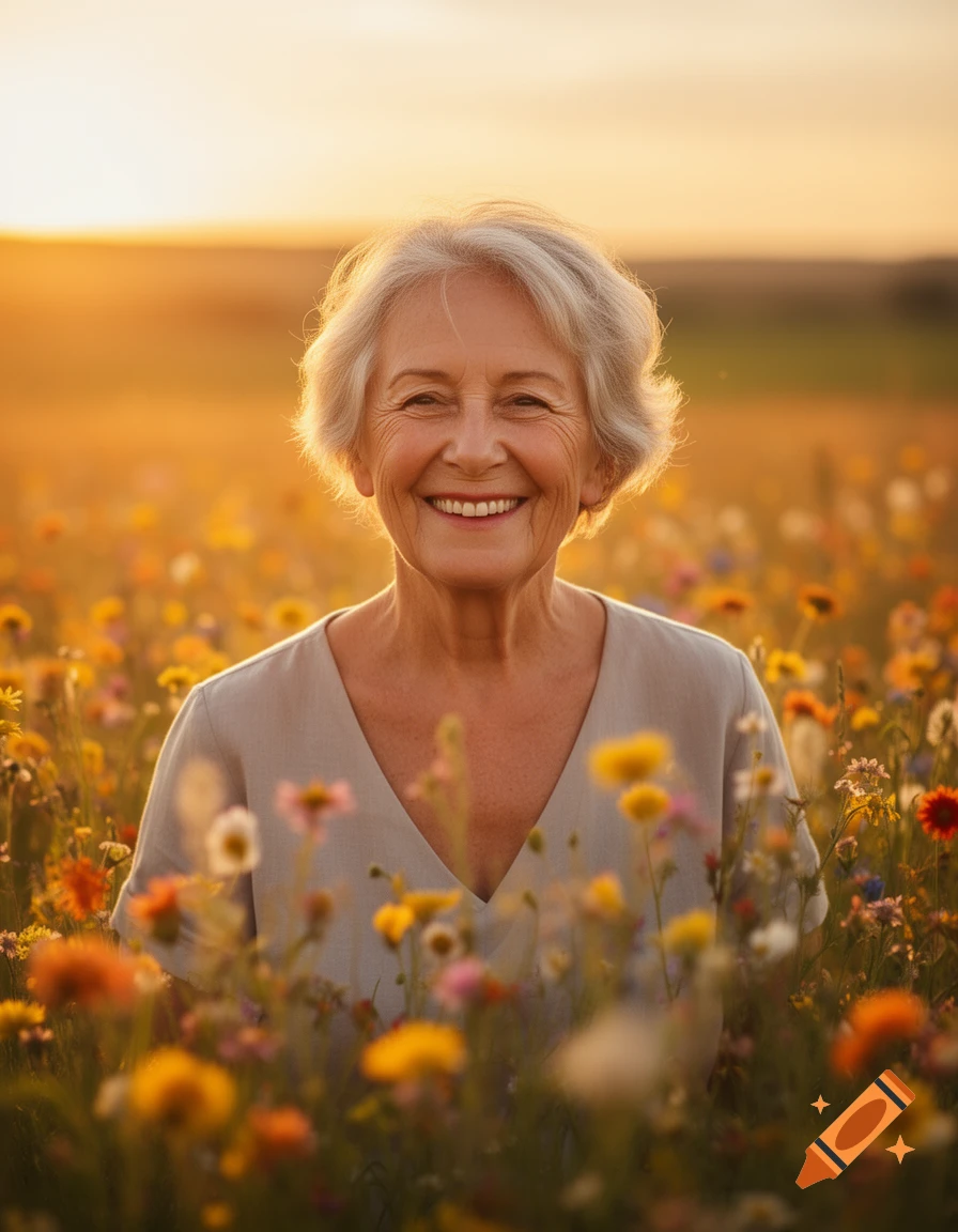 Joyful elderly woman smiling amidst colorful flowers bathed in warm sunset light, photorealistic.