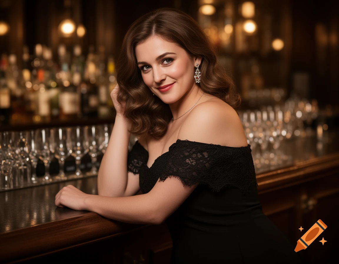 Photorealistic portrait of a young woman in an off-shoulder black lace dress, smiling at a bar.