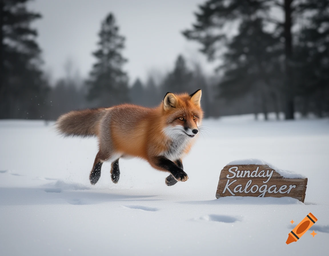 Photorealistic red fox leaping through fresh snow next to a wooden sign reading 'Sunday Kalogaer' in a winter forest.