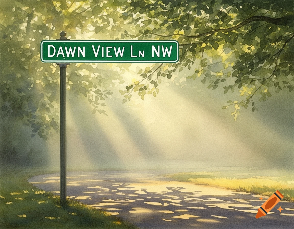 A watercolor painting of a green 'Dawn View Ln NW' street sign on a sun-dappled path surrounded by trees.