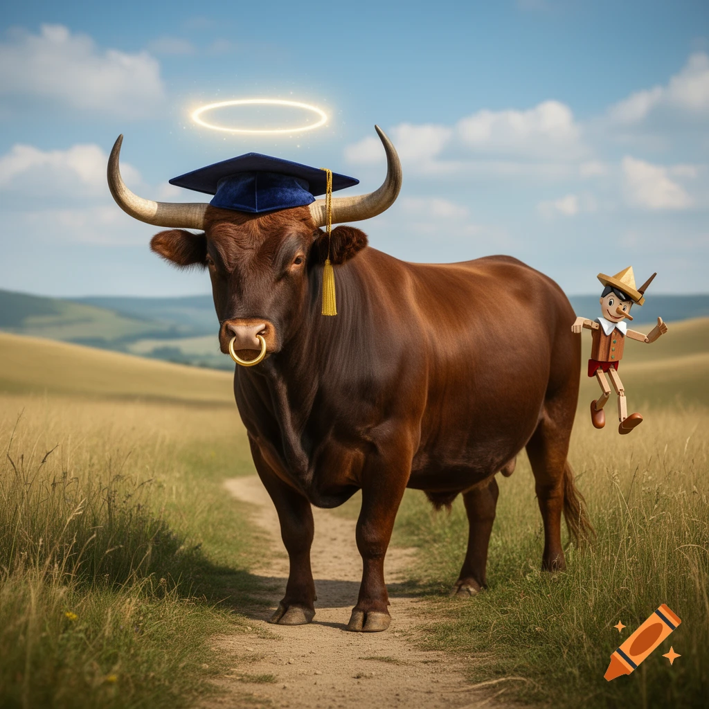 A brown bull wearing a blue graduation cap and a glowing halo stands on a dirt path in a grassy field, with Pinocchio floating near its rear.