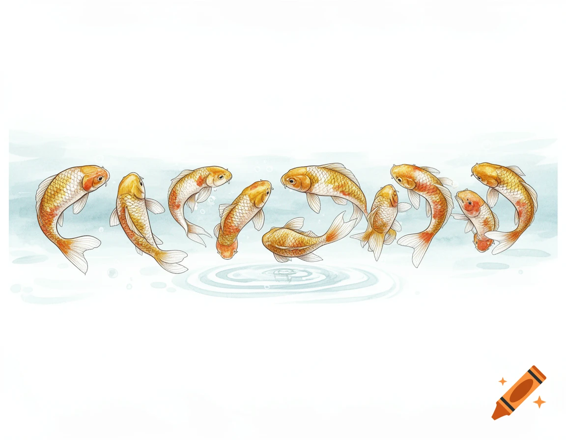 A watercolor illustration featuring nine orange and white koi fish in various swimming and jumping poses in water, like a sprite sheet.