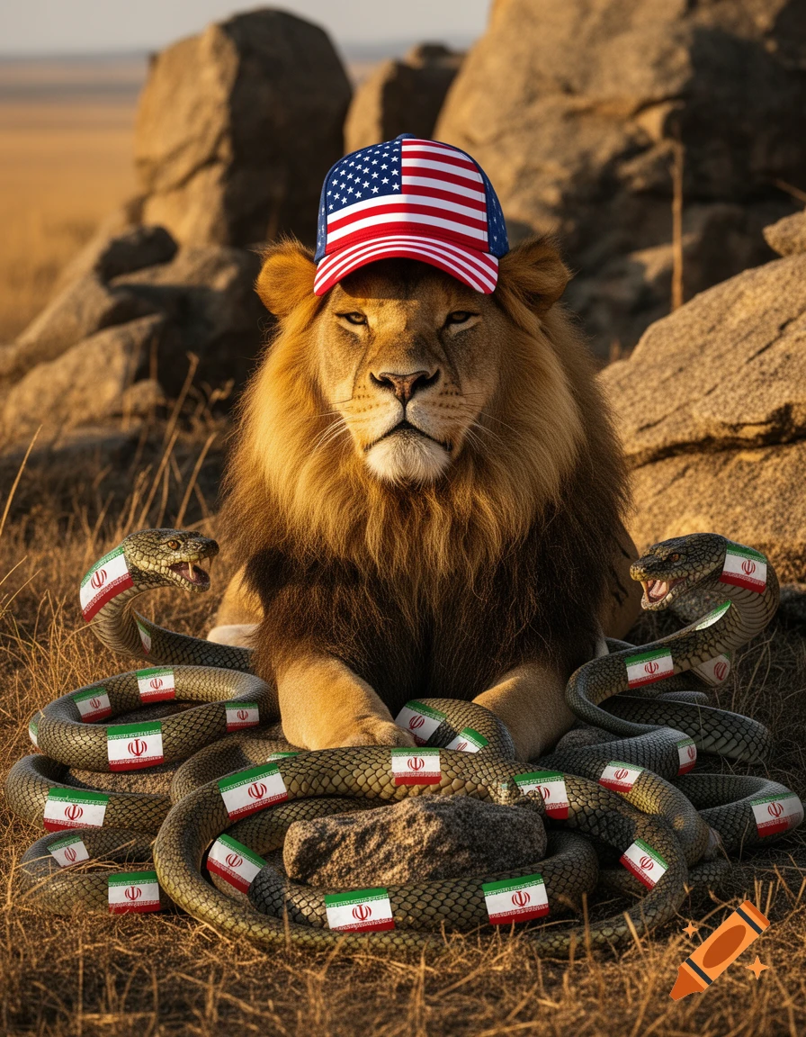 A majestic lion wearing an American flag baseball cap, surrounded by numerous snakes adorned with distorted Iranian flag symbols, in a savanna landscape.