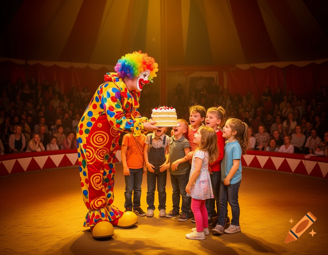 A colorful clown in a circus tent presents a cake to a group of excited children, with an audience in the background.