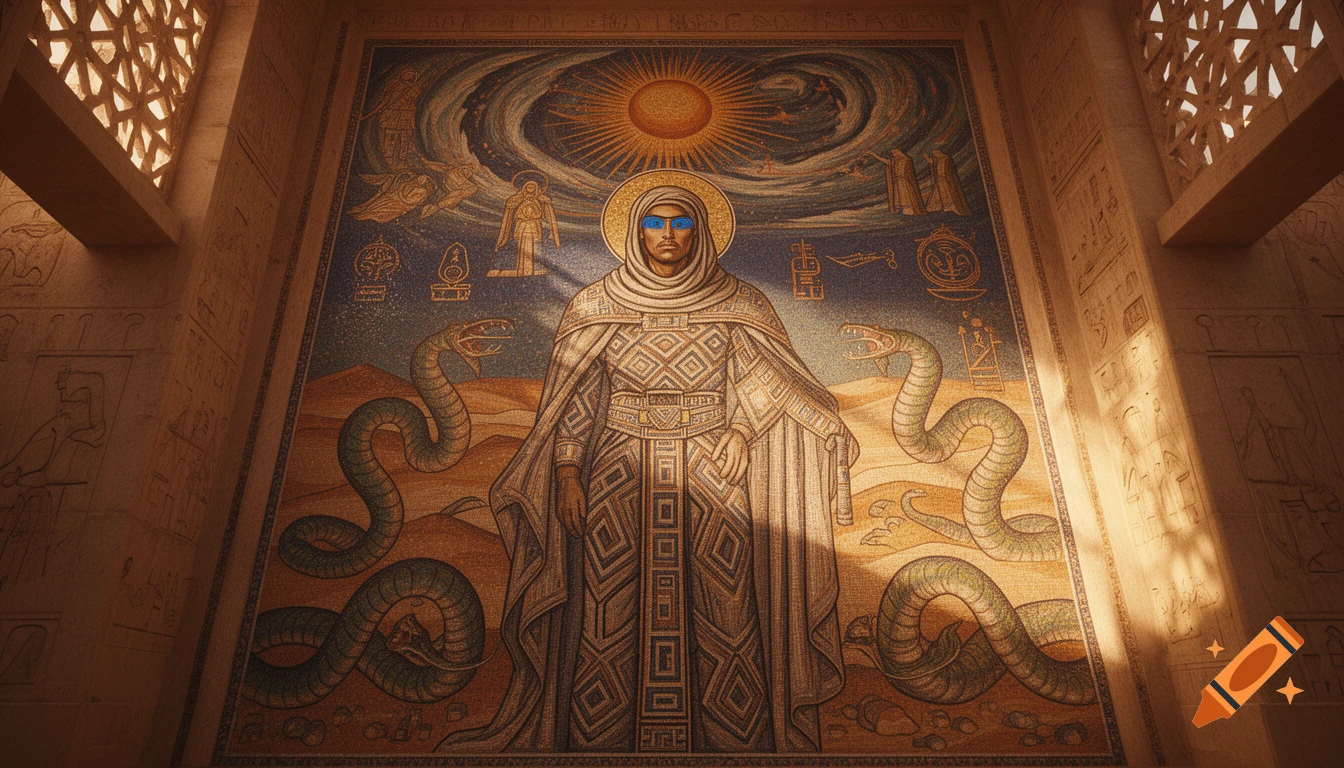 A detailed mosaic depicts Paul Muad'Dib as a revered religious figure with glowing blue eyes, surrounded by stylized sandworms and sacred symbols in a grand desert temple.