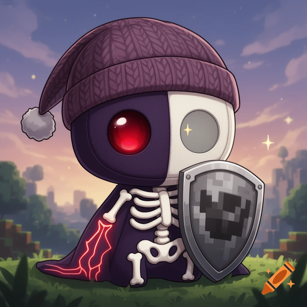 A cute chibi-style plushie monster, half Enderman and half skeleton, wearing a beanie and holding a pixelated Minecraft shield.