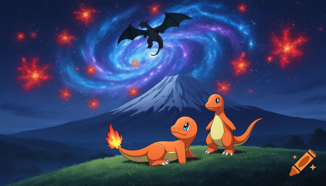 Two cartoon Charmanders on a grassy hill look up at a Charizard flying above a snow-capped mountain under a swirling galaxy sky with red stars.