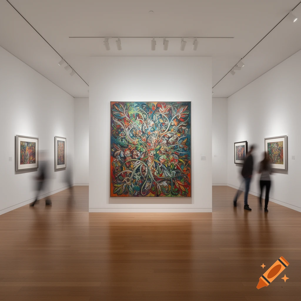 A modern art gallery with white walls and hardwood floors, showcasing vibrant abstract paintings and blurred visitors.