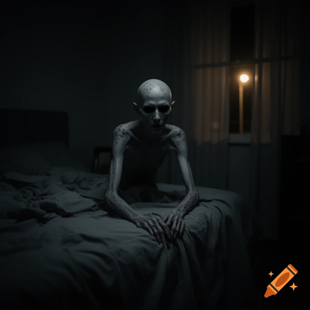 A pale, gaunt, humanoid figure with sunken eyes sits on a dark bed in a dimly lit room, staring forward.