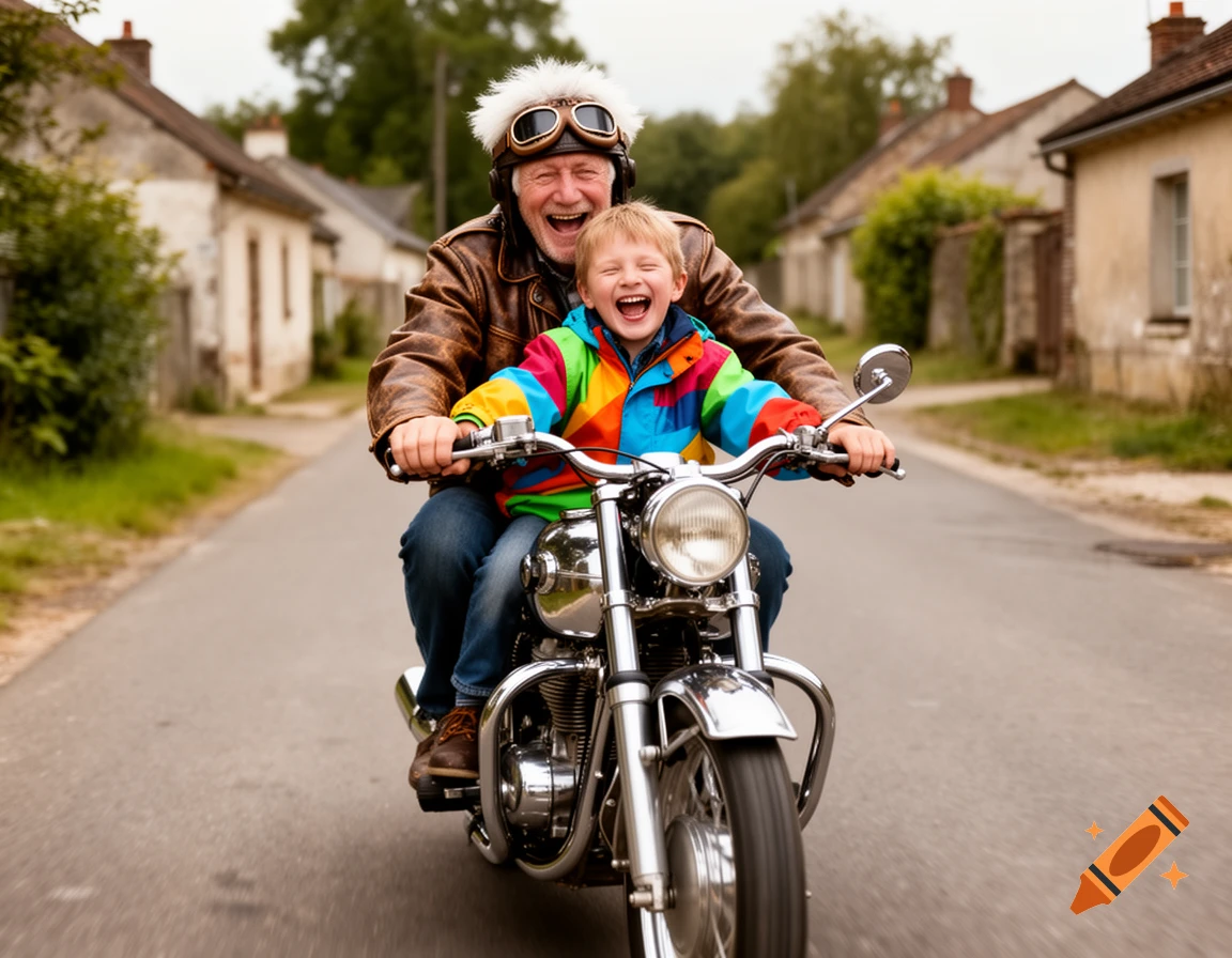 A laughing grandfather and grandson ride a motorcycle down a village street, the boy in a colorful jacket.