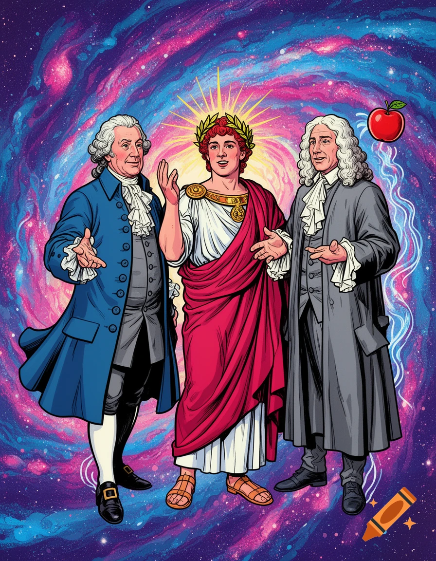 Goethe, Nero, and Newton stand in a vibrant pop art cosmic background, with a red apple floating near Newton.