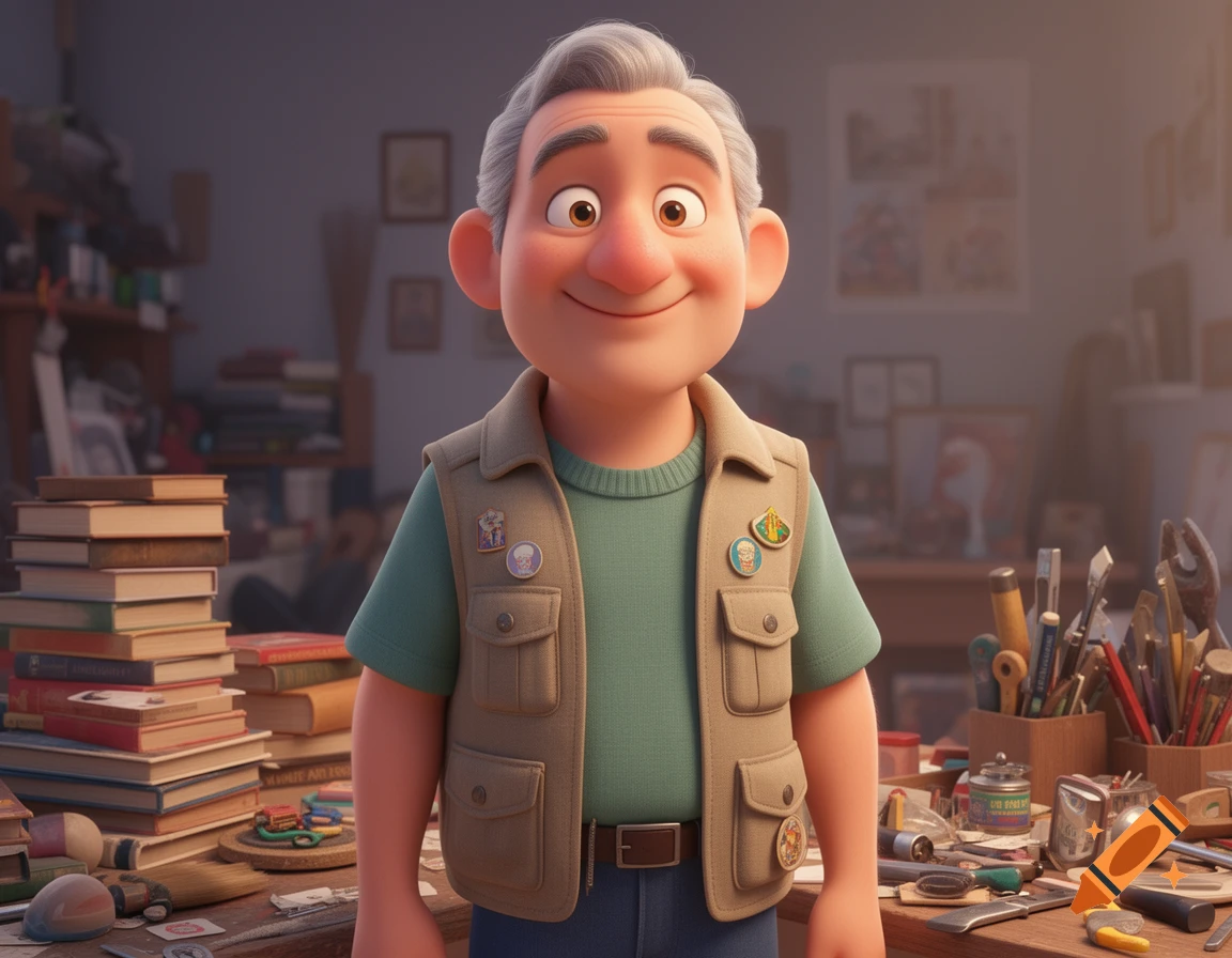 A friendly, middle-aged cartoon man with gray hair, wearing a green shirt and a tan vest with badges, stands in a cluttered room.