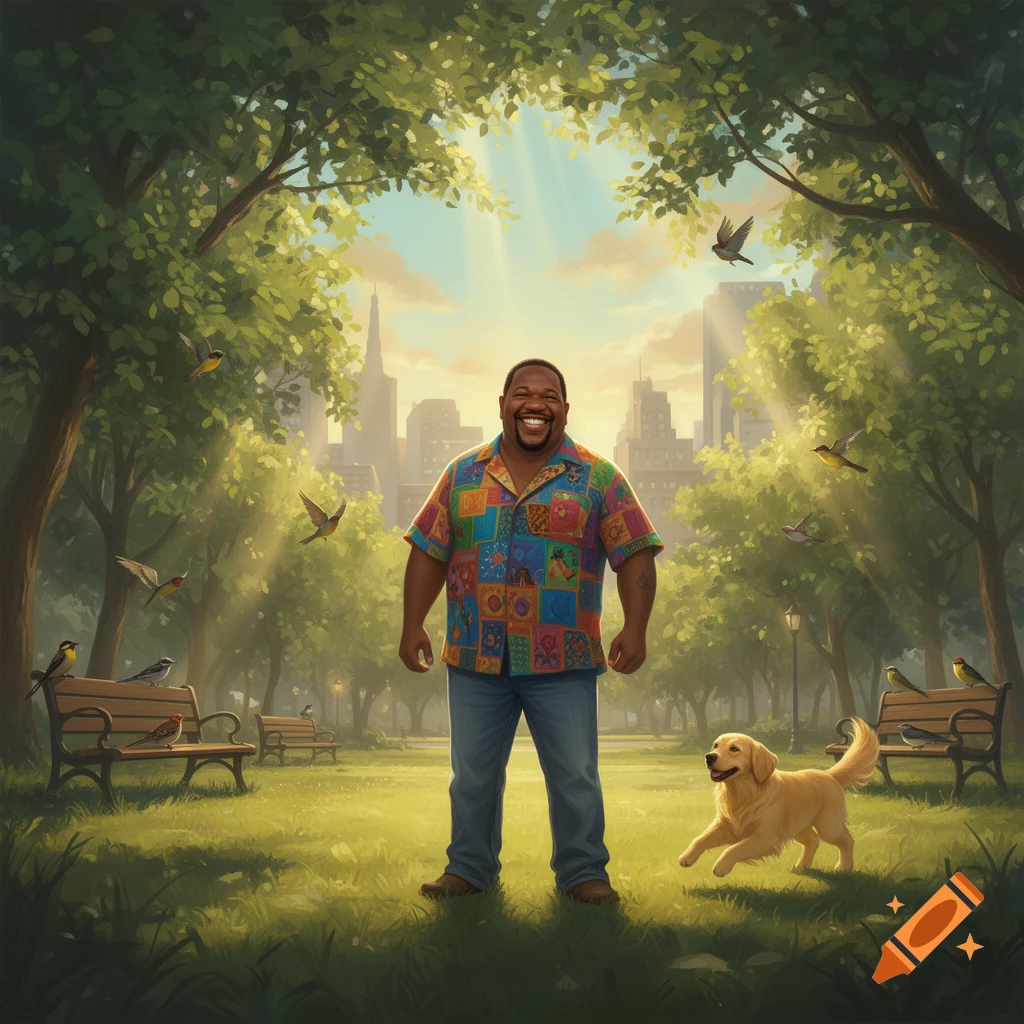 A smiling man in a colorful shirt stands in a sunny park with a golden retriever, birds, and a city skyline in an illustrative style.