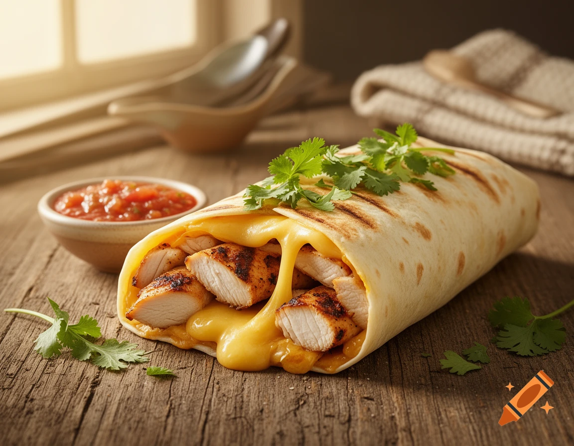 A chicken and melted cheese burrito, garnished with cilantro, on a rustic wooden table with a side of salsa.