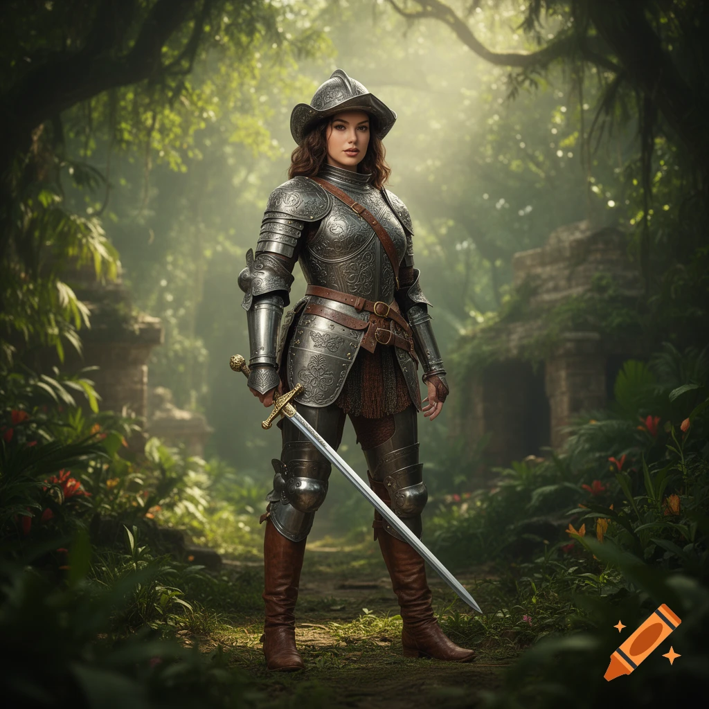 A female conquistador in ornate armor stands holding a sword in a lush, sunlit jungle with ancient ruins.