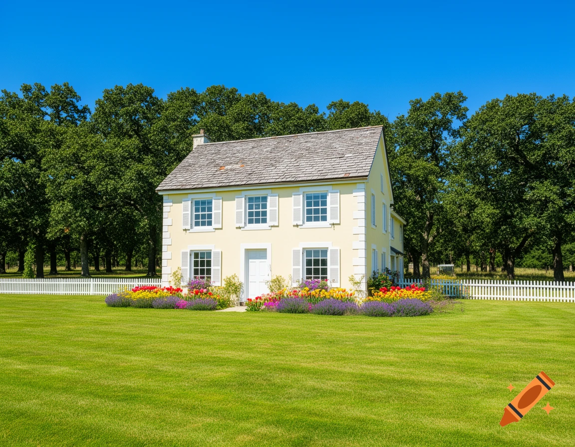 A charming yellow two-story house with white shutters, vibrant flowers, a green lawn, white picket fence, and tall green trees under a clear blue sky.
