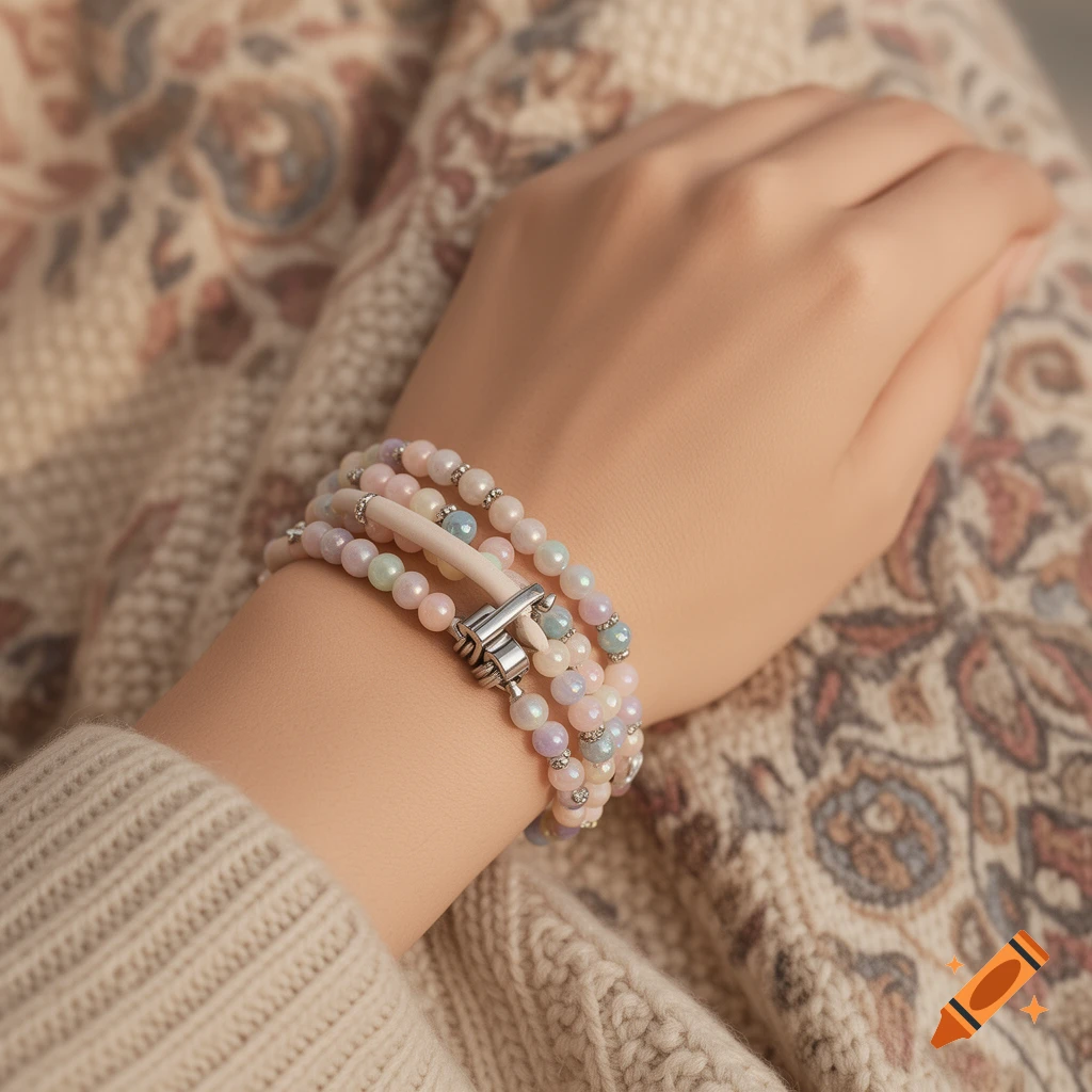 A hand wearing a multi-strand pastel beaded bracelet with a silver clasp, resting on a patterned fabric.