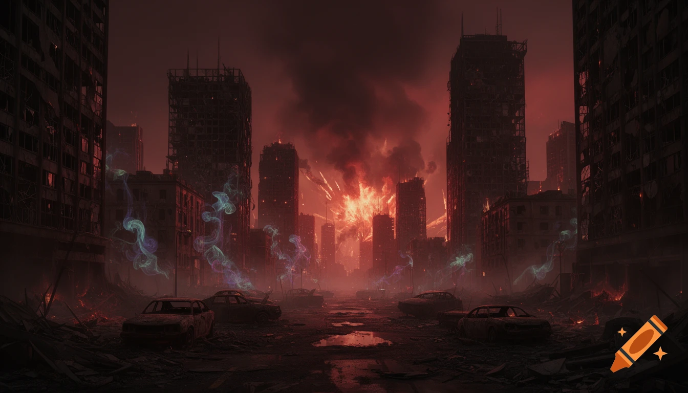 A night view of a modern city in ruins, burning under a dark red sky from chemical weapons, with destroyed cars and debris.