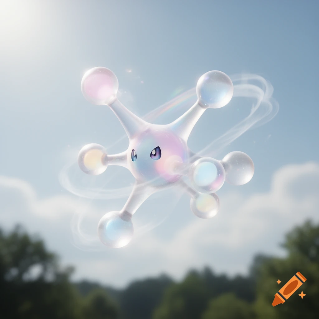 A translucent, iridescent, molecular-shaped creature with cartoon eyes floats in a sunny blue sky above green trees.