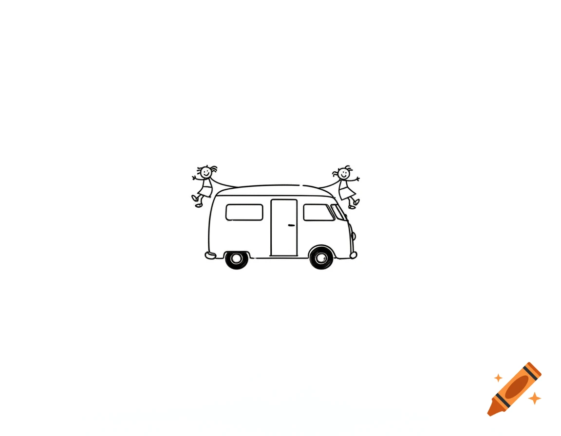 A minimalist stick figure drawing of a camper van with two stick figures hanging playfully from the roof on a white background.