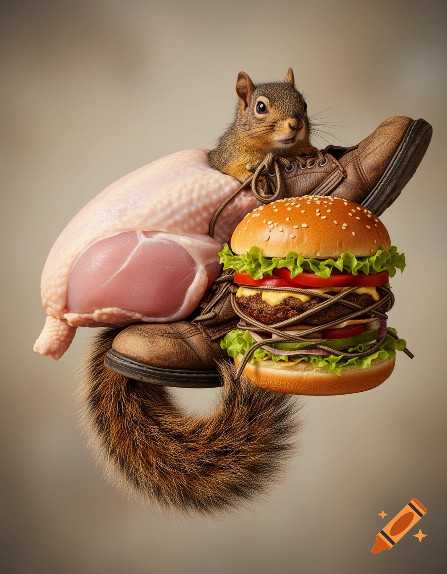 A surreal composition featuring a squirrel emerging from a brown boot, a raw chicken breast, and a hamburger, all intricately combined.