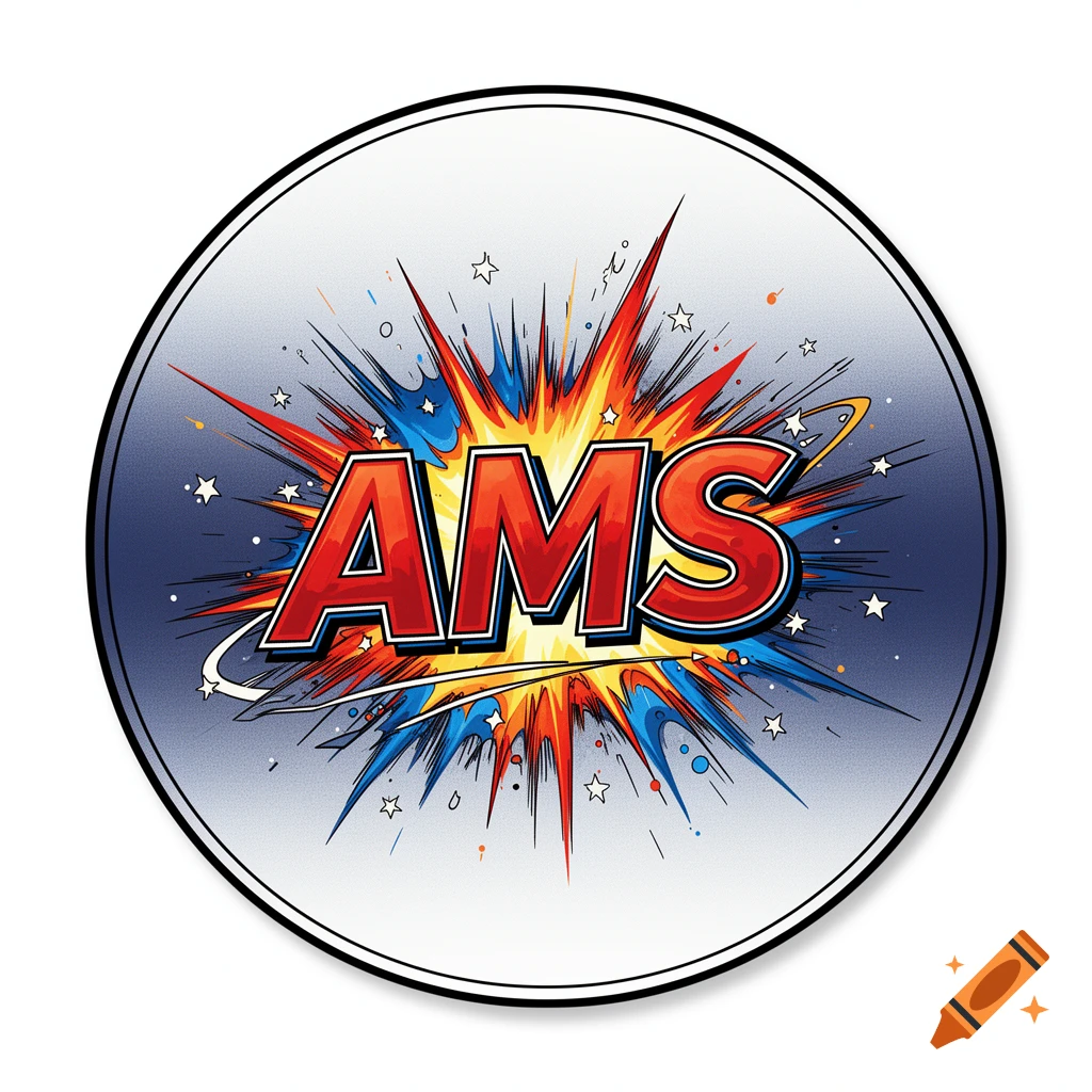 Round comic art logo with red 'AMS' text bursting from a yellow and blue explosion against a starry gradient background.